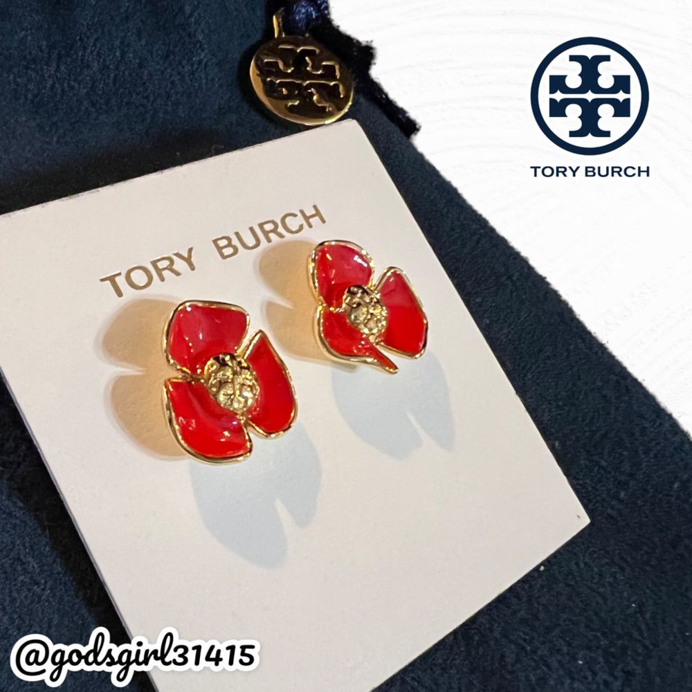New Tory Burch Fleur Logo Flower Studs Post Earrings Red/Gold - Picture 4 of 7